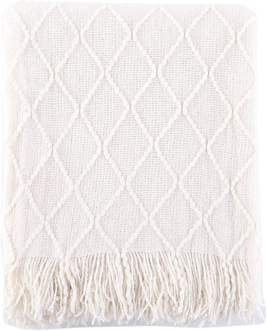 BATTILO HOME Cream Throw Blanket for Couch, Boho Bedroom Decor Throws, Decorative White Throw for Sofa Living Room, 50"x60" | Boho Bedroom Decor Throws, Decorative White Throw for Sofa Living Room