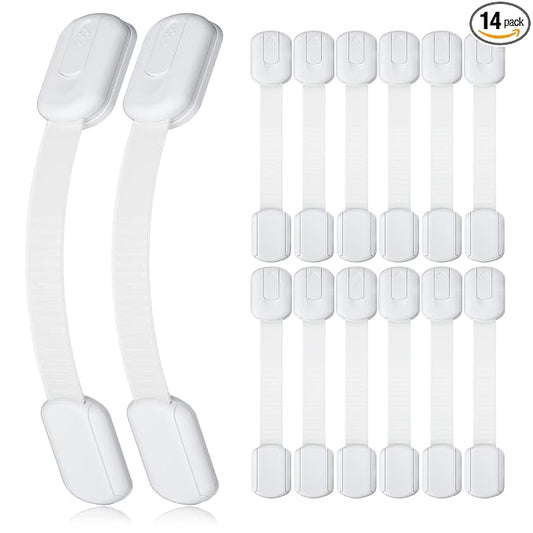 4our Kiddies 14 Pack Baby Proof Cabinet Latches, Childproof Drawer Latches with 12 Extra 3M Adhesives, Adjustable No Drilling Child Safety Cabinet Locks Straps Baby Drawer Locks for Kids Baby Safety