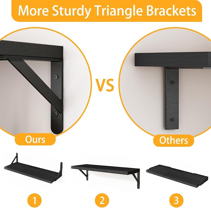 Fixwal Floating Shelves for Wall, Wood Wall Mounted Shelves for Bedroom, Bathroom, Living Room, Kitchen Storage and Decor(Black, Set of 5, 16.5 Inch)