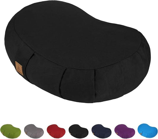 Crescent Zafu Meditation Pillow, D=17" W=11" H=5.5" Zabuton Yoga Bolster, Meditation Cushion, Floor Pouf Yoga Pillow Zippered Organic Cotton Cover Natural Buckwheat kneeling pillow - Large