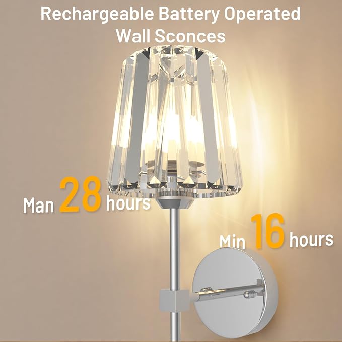 Crystal Battery Operated Wall Sconces Set of 2, Chrome Rechargeable Wireless Wall Lights with Crystal Lampshade, 12 RGB and 3CCT Dimmable Wall Lamps with Remote for Bedroom Living Room Hallway