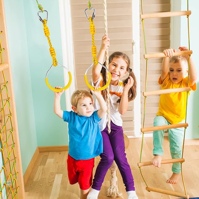 Swing Ninja Ring Indoor Outdoor Backyard PlaySet Fitness Gymnastic Training Equipment, 8 Pack Yellow Hanging Jungle Gym Fist Trapeze Monkey Bars Climbing Ring Ninja Warrior Obstacle Course Attachments