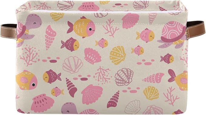 Aslsiy Storage Basket Ocean Life Turtle Nursery Bins Pink Fish Seashell Baby Box Canvas Clothes Shelf Basket Laundry Hamper 1 Pcs