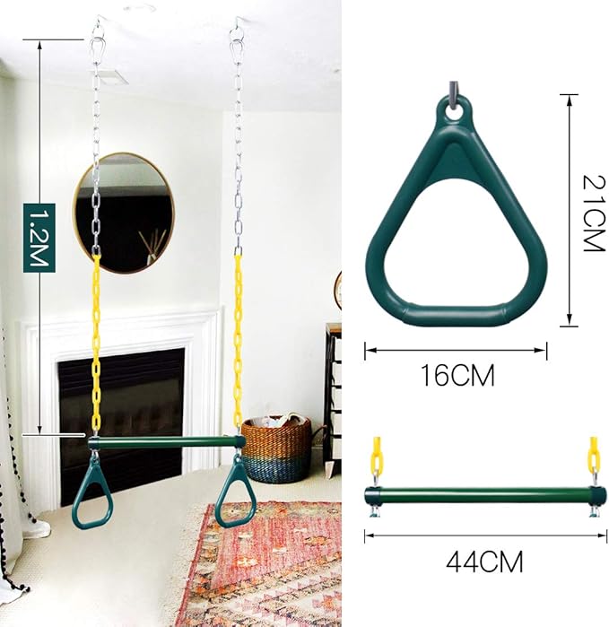 LadyRosian Gym Rings Trapeze Swing Bar 17", Heavy Duty 47" Chain Swing Set Accessories with Locking Carabiners, Monkey Bars for Backyard, Playground, Playroom