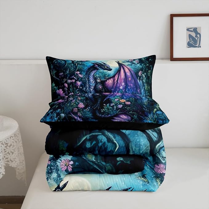 Feelyou Dragon Comforter Set King Size Dragon Stuff Comforter for Boys Girls Teens Wild Life Bedding Set Jungle Dragon Duvet Set Room Decor Balck Blue Quilt Set