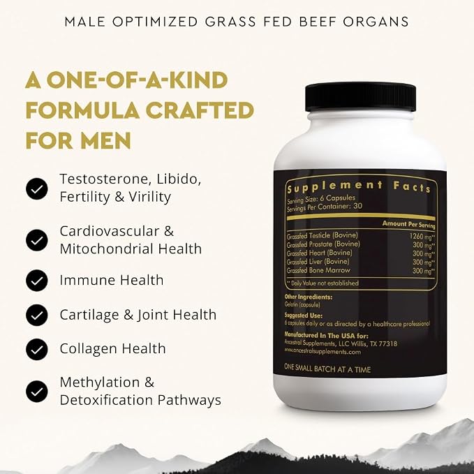 Ancestral Supplements Mofo, Supplements for Men, Support for Energy Levels and Overall Men's Health and Wellness, Non-GMO Grass Fed Beef Organ Supplement with Liver, No Fillers, 180 Capsules
