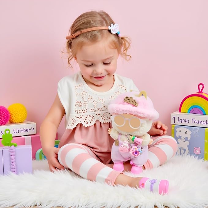 Doll Clothes Outfit and Accessories Suitable for 17cm Dolls, 5 Piece Set Romper Hat Camera Backpack Glasses Shoes (No Doll) Pink