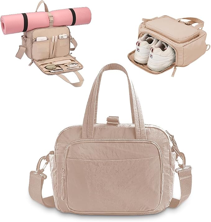 mini gym bag for women, travel duffel bag with wet pockets and Shoe Compartment,Lightweight carry on weekender duffel, water resistant,for sports,yoga,dance,khaki