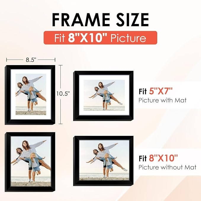 FIXSMITH 8x10 Picture Frame, Black Photo Frame with HD Plexiglass, Display Pictures 5x7 with Mat or 8x10 Without Mat, Picture Frames Collage for Tabletop or Wall Display, 1 Pack
