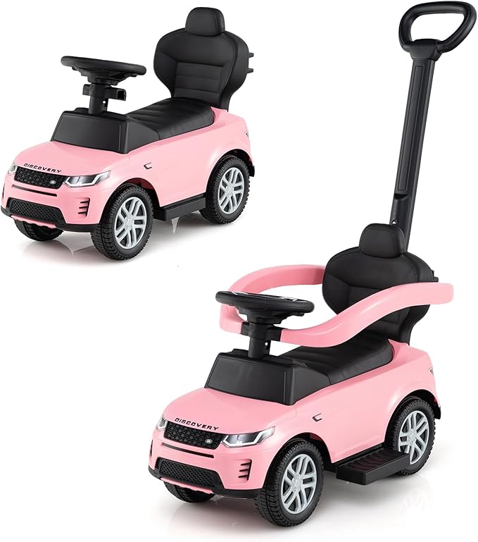 Costzon Push Car for Toddlers, 3 in 1 Land Rover Discovery Stroller Sliding Walking Car with Handle, Horn Sound, Underneath Storage, Armrest Guardrail, Foot-to-Floor Ride On Toy for Boys Girls (Pink)