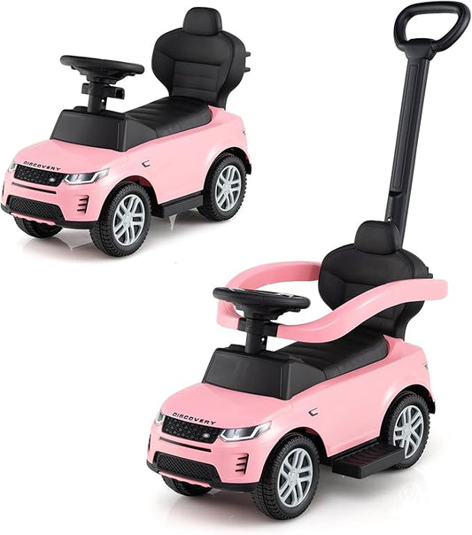 Costzon Push Car for Toddlers, 3 in 1 Land Rover Discovery Stroller Sliding Walking Car with Handle, Horn Sound, Underneath Storage, Armrest Guardrail, Foot-to-Floor Ride On Toy for Boys Girls (Pink)