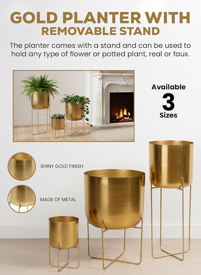 Serene Spaces Living Modern Mid‑Century Metal Indoor Planter with Stand, Gold Planter Pot for Houseplants & Indoor Plants – Living Room, Kitchen & Office, 7.25" Diameter & 13" Tall