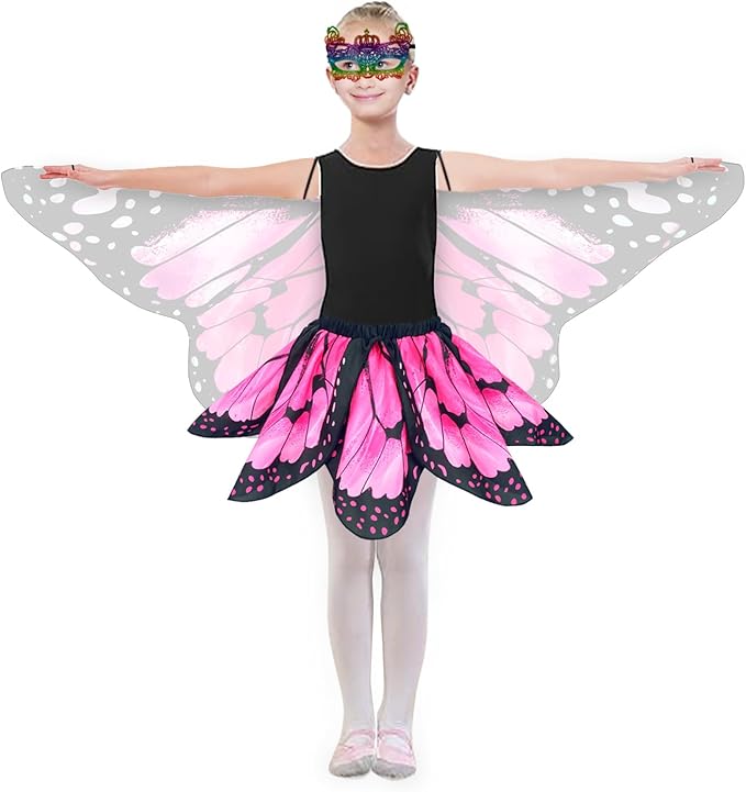 Kids Butterfly Wings Costume for Girls Fairy-Wings Mask Party Favors Gifts (Pink+skirt sets)