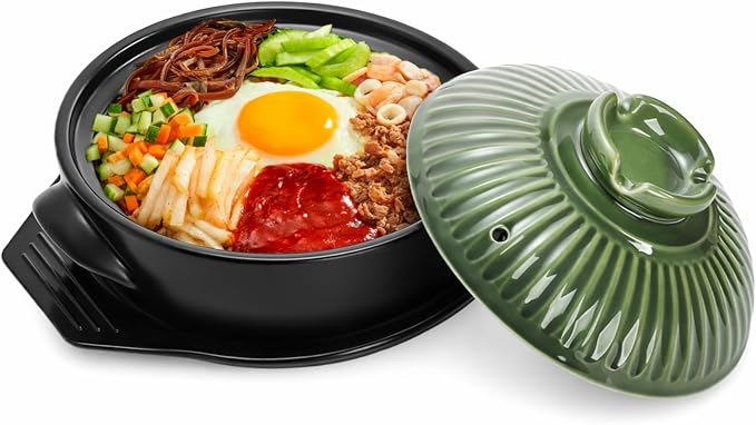 Okllen Large Korean Ceramic Bowl with Lid and Trivet, 54 oz Clay Pot for Cooking, Sizzling Hot Pot for Dolsot Bibimbap, Soup, Casserole, Rice, Stew, Noodle，Retro Green