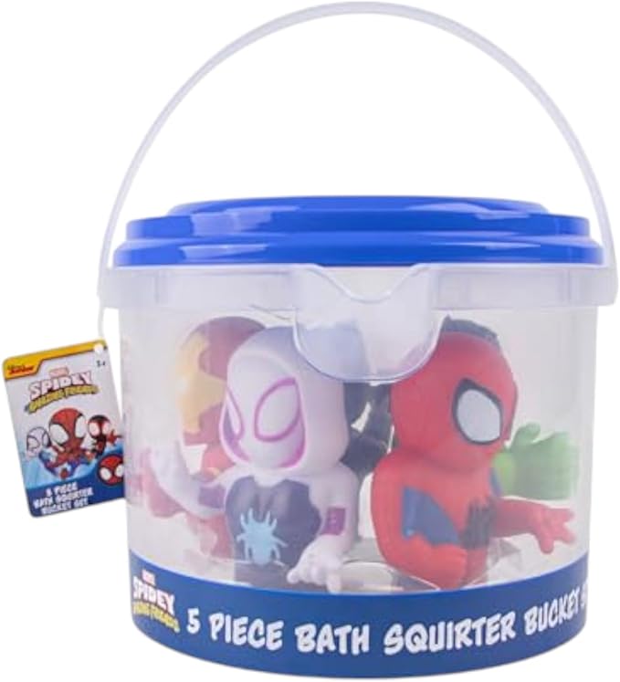 Marvel Spidey & Friends - Plus Avengers - 5 Piece Bath Squirter Bucket Set -Bath Toys for Baby and Toddlers - Includes Organizer Bucket - Store Bath Time Water Toy