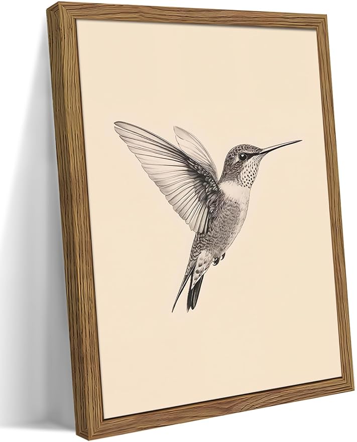 Vintage Framed Wall Art, Birds Canvas Prints, Hummingbird Sketch Painting Picture, Neutral Farmhouse Artwork Wall Decor for Living Room Bedroom – Dark Wooden Frame 16x24in
