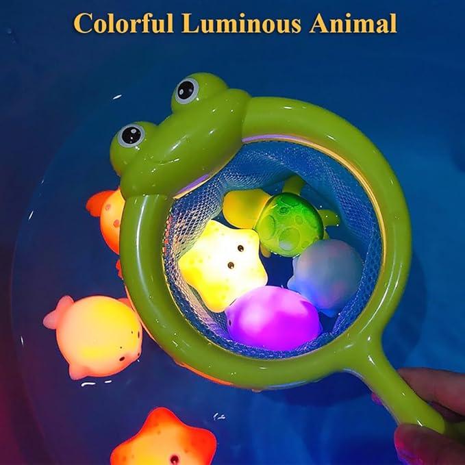 Fishing Bath Toy Set, Glowing Animal Tub Toy No Hole Light Up Bathtub Toy Luminous Ocean Animal Floating Toy Bathroom Fishing Game Bath Toy with 1 Frog Fish Net and 4 Animal (B)