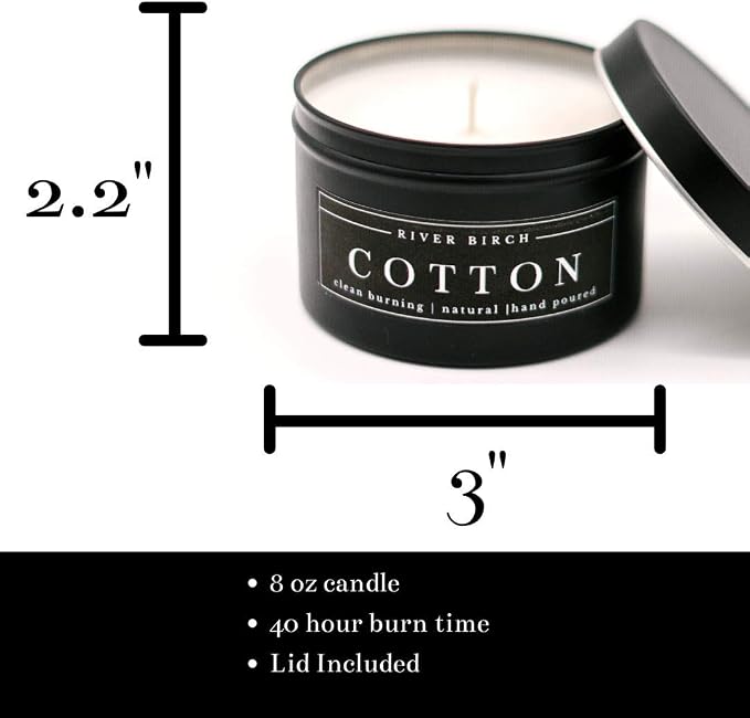 River Birch Candles Cotton Scented Candle | Premium, All-Natural, Non-Toxic, Soy Candles | 8 oz. Black Matte Tin Travel Candle | Cozy Relaxing Gifts for Home