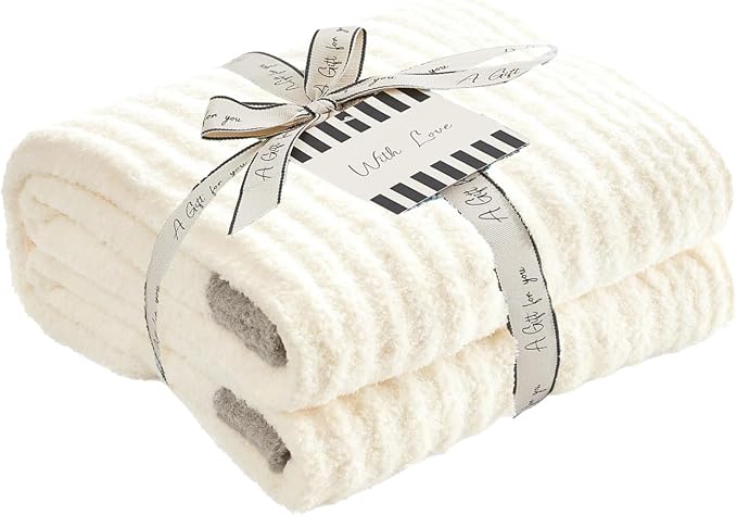 Soft Throw Blanket for Couch-Cozy Reversible Knitted Blankets | Lightweight Warm Fluffy Decor for Women, Mom, Her & Girls, Sofa, Chair, Bed, 50x60in, White