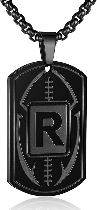 Initial A-Z Dog Tag Necklace for Men - Football Charm Pendant, Stainless Steel Chain 22+2 Inches, Personalized Sports Athletes Jewelry Gift