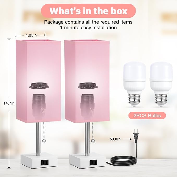 Fenmzee Pink Bedside Table Lamps for Bedroom - Small Nightstand Lamp Set of 2 with AC Outlet Charging Port, Cute Desk Lamp for Teens Room Decor, Dorm Room Essentials
