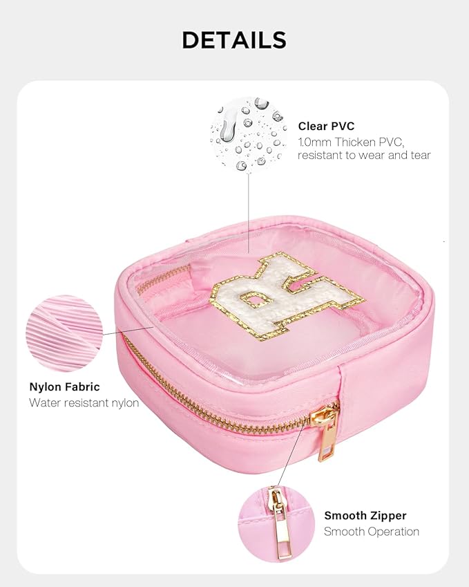 KOTORA Mini Initial Makeup Bag | Travel Toiletry Bag | Clear Makeup Bag | Travel Essentials Gifts for Women Teen Girlfriend Teacher Brithday Gifts Clear Toiletry Bag Small Mini Cosmetic Bag Pink R