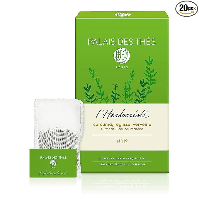 Palais des Thés Caffeine-Free Tea - L'Herboriste N∞119 Organic Digestion Herbal Tea Blend Turmeric, Licorice & Verbena - Premium Tea Bags, Serves 20 Cups