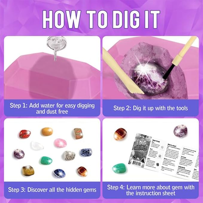 Liberty Imports 12-Pack Gem Digging Kit for Kids - Exciting Gemstone Mining Adventure - Educational STEM Crystal and Mineral Excavation – Party Favor Science Toys