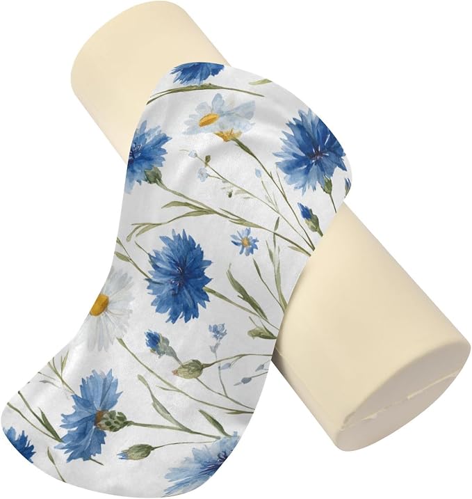 Neck Roll Pillow Bolster Pillows Round Health Memory Foam Long Cervical Cylinder Bolster Body with Removable Washable Cover for Bed Legs Back Yoga Blue Daisy Cornflowers White