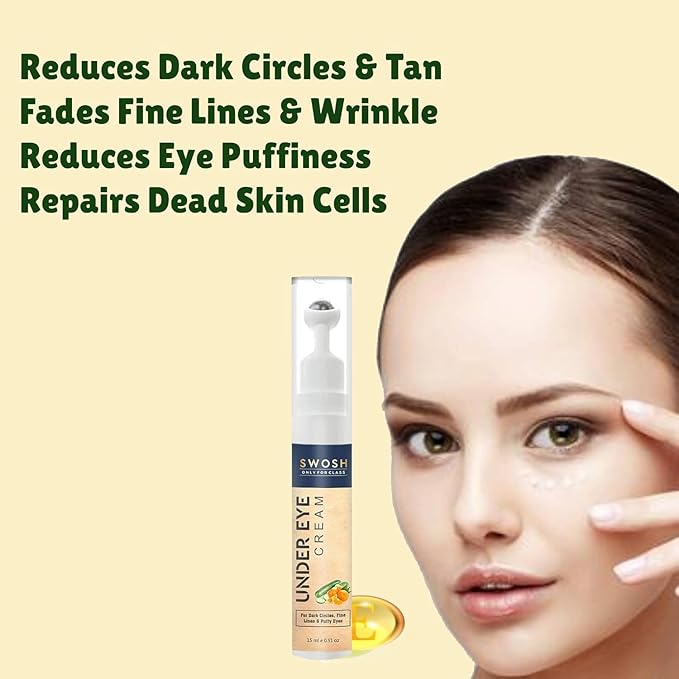 SWOSH Roll-On Under Eye Cream 15ml | Reduces Dark Circles, Puffiness & Fine Lines | Cooling Metal Roller for Easy Application | Lightweight Under Eye Gel for Men & Women | Daily Eye Care