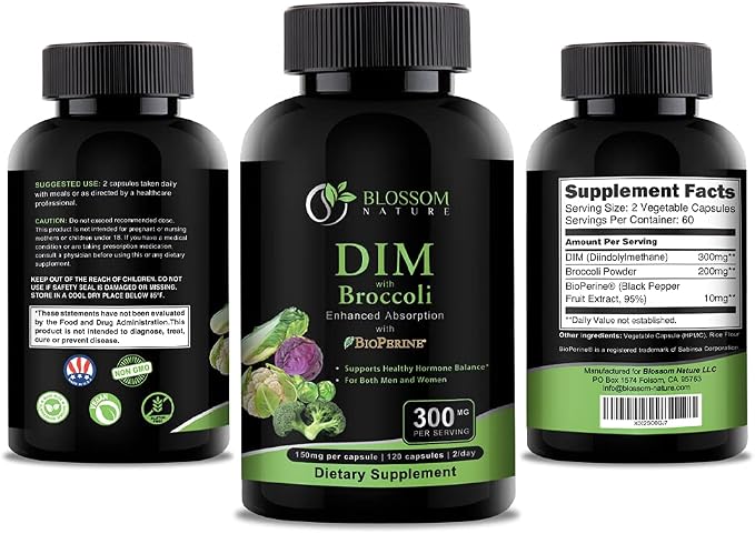 DIM Supplement 300mg with Broccoli 200mg BioPerine 10mg-Hormone and Estrogen Balance for Women & Men,Menopause Relief,PMS Support,Hormonal Acne Treatment-120 Caps,Diindolylmethane 150mg per Cap