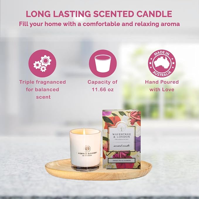 Wavertree & London Organic Sweet Pea & Jasmine Scent Soy Wax Candle | Non Toxic 100% Cotton Wick Triple Scented Pure Natural Soy Wax Candles, Hand Poured in Australia | 60 Hours Burning Time, 11.66 Oz