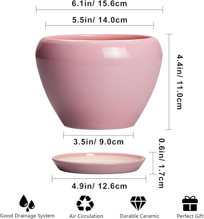 Ceramicfor 6 Inch Plant Pot - Ceramic Pot for Indoor Plants, Glaze Modern Decorative Round Ceramic Planter with Drainage Hole and Saucer, Plant Lover Gifts, Home Garden Room Office Decor, Pink