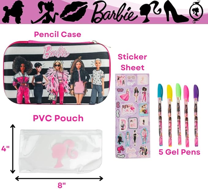 Innovative Designs Barbie Pencil Case Set with Stickers and Gel Pens for Kids, Molded with Zip Closure, Pink