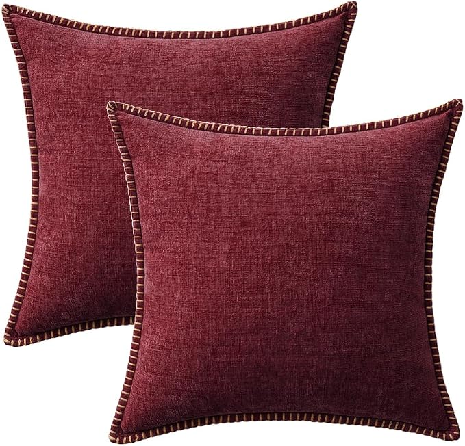 MIULEE Decorative Couch Throw Pillow Covers 18x18 Inch Burgundy Red 2 Pack | Farmhouse Pillow Covers with Stitched Edge, Soft Chenille Cushion Cases, for Sofa Bed Living Room Home Decor