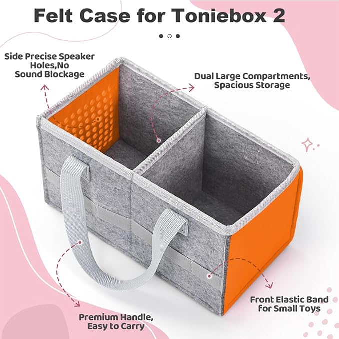 PISOSN Carrying Case for Toniebox Starter Set and Tonies Figurines, Travel Felt Cloth Musical Toy Folding Bag for Toniebox 2 & Accessories (Orange)