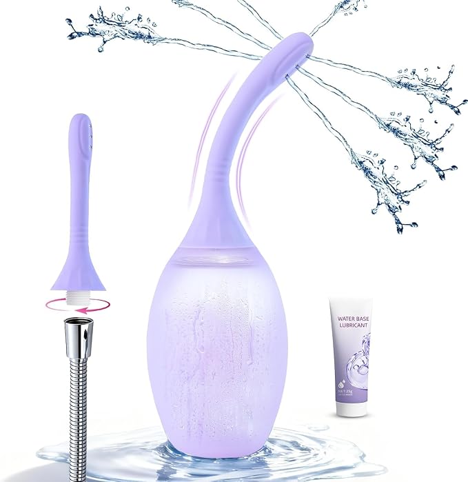Enema Bulb Anal Douche Bottle for Colon Cleanse Men Women, Shower Enema Kit | Purple Enema with Lube Anal Cleanse Douche for Women, Removable Nozzle Connects to Shower Hose, Unlimited Water