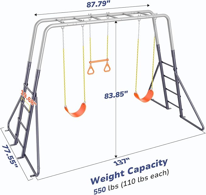 Hapfan Swing Sets for Backyard with Monkey Bars, 2 Belt Swings & Trapeze Bar- Heavy Duty Metal Outdoor Playground Sets for Kids, Backyard Playset (Dark Blue & Grey)