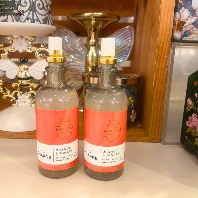 Bath & Body Works Aroma Recharge Orange & Ginger Essential Oil Mist 2-piece Gift Set with a Red Bow for Holiday - 5.3 fl oz Each