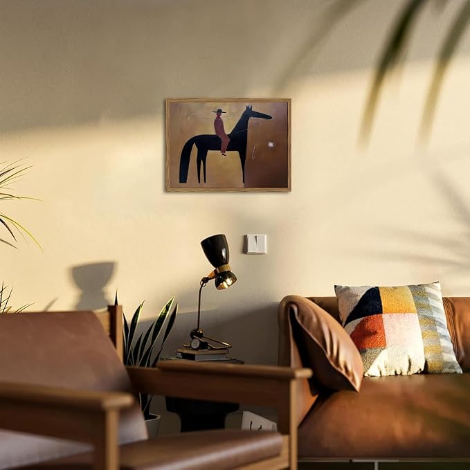 Vintage Western Cowboy Wall Art Abstract Southwestern Horse Wall Decor Painting, Mid Century Cowboy Poster Canvas Print Picture for Living Room Bedroom 16x24 inch Wood Framed