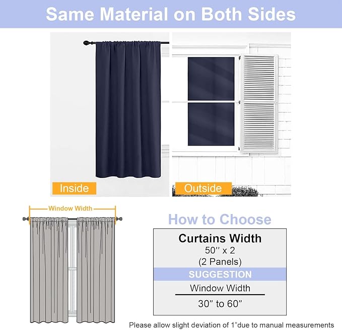 Simplebrand Ava Navy Blue Blackout Curtains for Patio 108 Inches Long 2 Panels Set, Solid Thermal Insulated Room Darkening Rod Pocket Window Treatment Curtains Blackout Drapes, W50 x L108