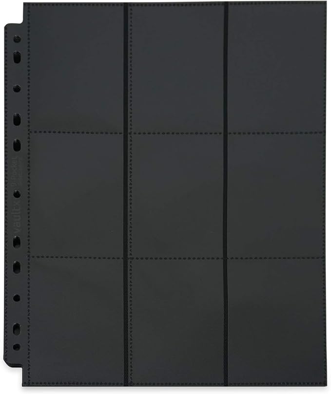 Vault X 9 Pocket Sideloading Pages for 3 Ring Binder (50 Pack) 900 Cards, Double-Sided A4, Storage for Trading Cards (Black)