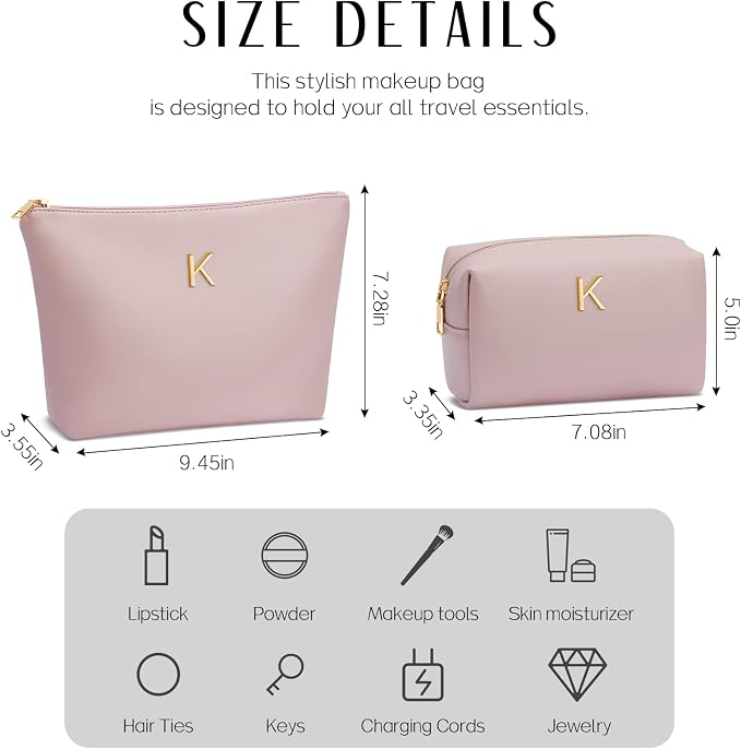 Women Gifts | Initial Makeup Bag for Girl Personalized Gifts for Bridesmaid Friend PU Leather Cosmetic Travel Toiletry Bag(Pink,K)
