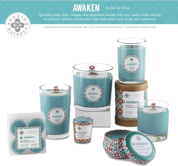 Root Candles Seeking Balance Wood Wick Spa Candle Aromatherapy Candles, 12-Ounce, Awaken: Basil & Lime