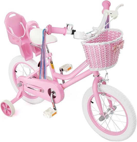 KORIMEFA Girls Bike for Ages 2-8 Years Toddler Kids with Doll Seat, 12 14 16 Inch Bicycle with Training Wheels, Little Small Princess Bicycle with Basket& Streamers, Girls Pedal Bike