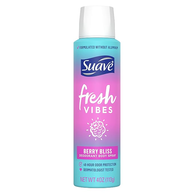 Suave Fresh Vibes Berry Bliss Body Spray, Aluminum Free 48 Hour Protection, Dermatologist Tested 4 oz