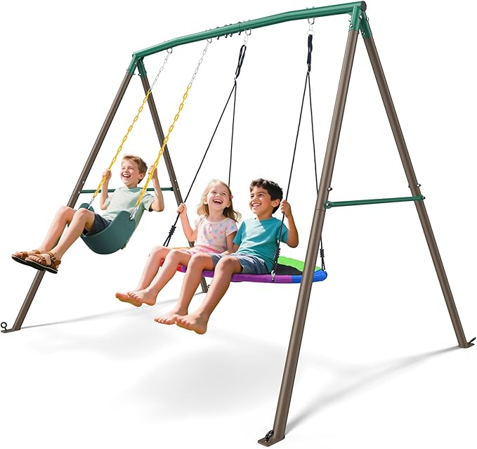 Trekassy 440lbs Swing Sets for Backyard - 2 Seat Outdoor Kids Playset with Saucer & Belt Swing, Heavy-Duty A-Frame Metal Stand for Backyard Playground - Green and Brown (Patented)