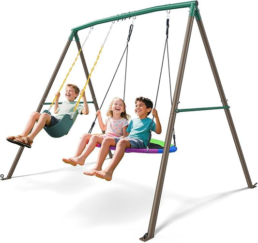 Trekassy 440lbs Swing Sets for Backyard - 2 Seat Outdoor Kids Playset with Saucer & Belt Swing, Heavy-Duty A-Frame Metal Stand for Backyard Playground - Green and Brown (Patented)