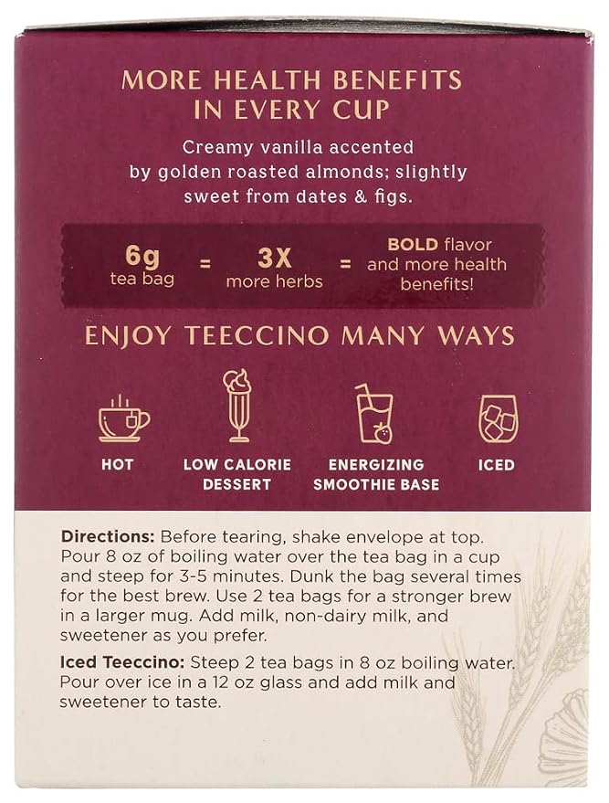 Teeccino Vanilla Nut Herbal Tea - Rich & Roasted Herbal Tea That’s Caffeine Free & Prebiotic For Natural Energy, 10 Tea Bags