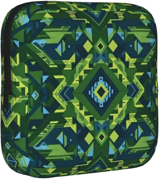 Compact Portable Period Bag Green Native American Tribal Ethnic Western Horse, Polyester Sanitary Napkin Organizer with Zipper, Great Gift for Women Daily Outdoor